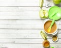 Baby food. Baby puree from fresh green apples. Royalty Free Stock Photo