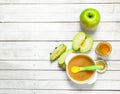 Baby food. Baby puree from fresh green apples. Royalty Free Stock Photo