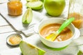 Baby food. Baby puree from fresh green apples. Royalty Free Stock Photo