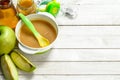 Baby food. Baby puree from fresh green apples. Royalty Free Stock Photo