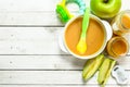 Baby food. Baby puree from fresh green apples. Royalty Free Stock Photo