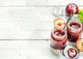 Baby food. Baby puree from fresh plum. Royalty Free Stock Photo