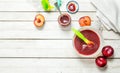 Baby food. Baby puree from fresh plum. Royalty Free Stock Photo