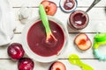 Baby food. Baby puree from fresh plum. Royalty Free Stock Photo