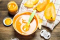 Baby food. Baby puree from fresh pumpkin. Royalty Free Stock Photo