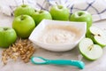 Baby food. Bowl of oatmeal porridge with fresh apples Royalty Free Stock Photo