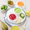 Baby food. Colorful vegetable and fruit puree Royalty Free Stock Photo
