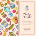 Baby food formula puree seamless pattern vector illustration. Nutrition for kids. Babies bottles and complementary