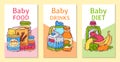 Baby food formula puree vector illustration. Nutrition for kids. Babies bottles and feeding. First meal product