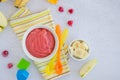 Baby food. Homemade apple puree or sauce with banana and raspberries in a bowl with a spoon on a light background. Healthy food. Royalty Free Stock Photo