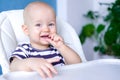 Baby food. little smiling caucasian child with spoon in his mouth on highchair. Two first milk tooth in mouth. Newborn