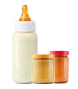 Baby food and and milk bottle isolated on white Royalty Free Stock Photo
