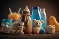 Baby food and milk bottle with kids accessories. AI generation Royalty Free Stock Photo