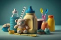 Baby food and milk bottle with kids accessories. AI generation