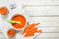 Baby food. Baby puree from fresh carrots with a spoon. Royalty Free Stock Photo