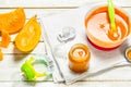 Baby food. Puree from fresh pumpkin. Royalty Free Stock Photo