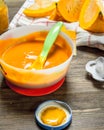 Baby food. Baby puree from fresh pumpkin. Royalty Free Stock Photo