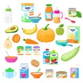 Baby food vector child healthy nutrition milk fresh juice with fruits and vegetable mashed puree for childcare health Royalty Free Stock Photo