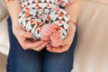 Baby foot in female hands, close-up. Cute little kid leg. Maternity, love, care, new life concept Royalty Free Stock Photo