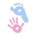 Baby foot and baby hand prints. Blue and pink colored with hearts Royalty Free Stock Photo