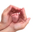 Baby foot in mother hands on white background Royalty Free Stock Photo