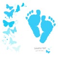 Baby foot prints with butterfly newborn baby greeting card vector background Royalty Free Stock Photo
