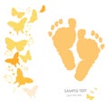 Baby foot prints with butterfly newborn baby greeting card vector background Royalty Free Stock Photo