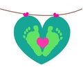 Baby foot prints with hanging hearts vector