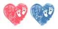 Baby footprints in a watercolor heart. Red and blue symbol of newborn girls and boys in the heart. Set of icons, stickers Royalty Free Stock Photo
