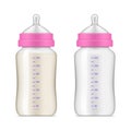 Baby formula in bottle and empty set realistic vector plastic container with latex nipples