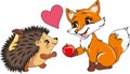 Baby fox gives an apple to a hedgehog