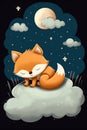 Baby Fox Sleeping on Cloud with Starry Sky. Generative ai
