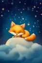 Baby Fox Sleeping on Cloud with Starry Sky. Generative ai