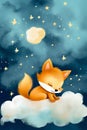 Baby Fox Sleeping on Cloud with Starry Sky. Generative ai