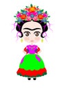 Baby Frida Kahlo with crown of colorful flowers, Kokeshi doll style, cartoon doll in typical ethnic Mexican clothes for children,