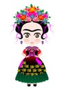 Baby Frida, Kokeshi doll style, cartoon doll in typical ethnic Mexican clothes for children, vector isolated