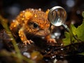 Baby frog with magnifying glass playing detective