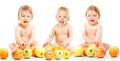 Baby Fruit for Babies, Happy Children with Apples, Kids on White Royalty Free Stock Photo