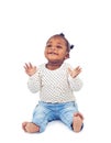 Baby, fun and clapping with smile in studio for applause, playing and cheerful on white background. Child, learning and