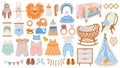 Baby furniture and clothes. Nursery elements, animal toys, decor, cradles, rattles and newborn accessories in scandinavian style