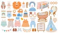 Baby furniture and clothes. Nursery elements, animal toys, decor, cradles, rattles and newborn accessories in