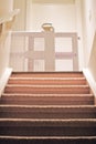 Baby gate view from basement with carpet stairs