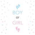 Baby gender reveal. Baby shower invitation. Baby foot prints, stars vector