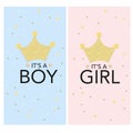 Baby gender reveal. It`s a girl. It`s a boy. Gold glitter crown with confetti. Baby shower invitation, greeting for fabric design