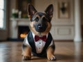 a baby German shepherd in a suit and bow tie running at the camera back round is a wedding Royalty Free Stock Photo