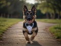 a baby German shepherd in a suit and bow tie running at the camera back round is a wedding Royalty Free Stock Photo