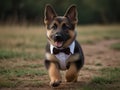 a baby German shepherd in a suit and bow tie running at the camera back round is a wedding Royalty Free Stock Photo