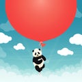 Baby giant panda flying big red balloon in the sky with clouds. Black and white chinese bear cub. Rare, vulnerable species. Royalty Free Stock Photo