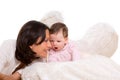 Baby girl angel with feather white wings and mother Royalty Free Stock Photo