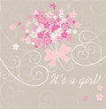 Baby girl arrival announcement card with pink bouquet Royalty Free Stock Photo